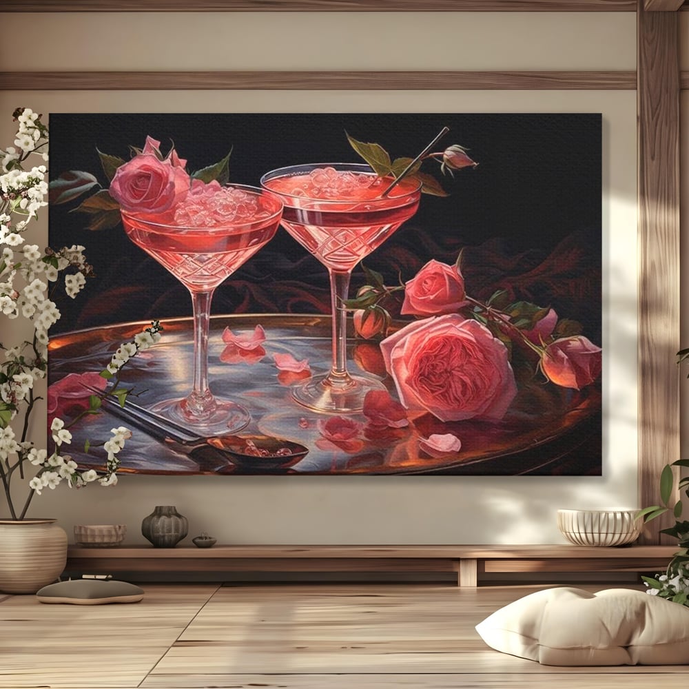Tablou canvas cu tablou canvas cu pahare de cocktail si trandafiri, fara rama, pe sasiu de lemn